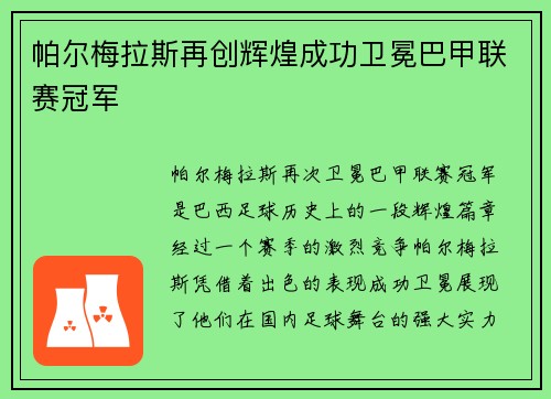 帕尔梅拉斯再创辉煌成功卫冕巴甲联赛冠军