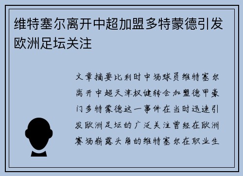 维特塞尔离开中超加盟多特蒙德引发欧洲足坛关注